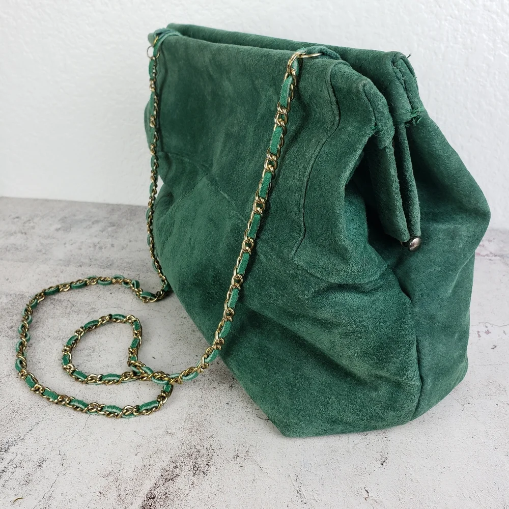 Vintage Suede Leather Purse Bag Emerald Green Crossbody Big Mouth Chain Strap